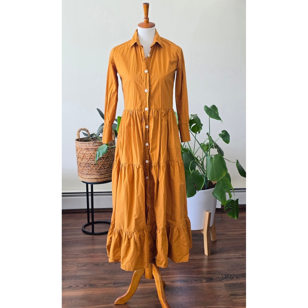 Laboratorio Capri Italy Ochre Cotton Tiered Maxi Shirt Dress Womens 38 / Small - Picture 2 of 11